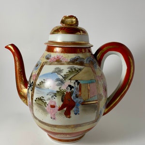 Vintage Kutani Hand Painted Oriental Asian Geisha Porcelain Teapot with Red and Gold Accents, Japanese Decor, Japan Drinkware Collectible