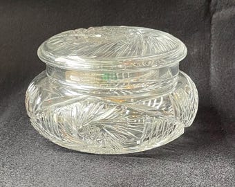 Vintage American Brilliant Cut Crystal Glass Lidded Powder Jar or Trinket Box with Pinwheel & Starburst Pattern, Read Description