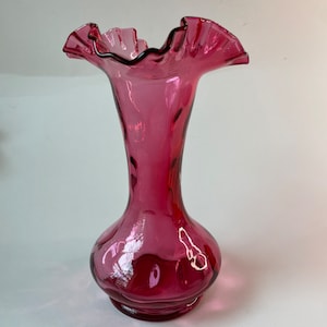 Vintage Fenton Cranberry Glass Ruffled Vase with dimples, Pink Thumbprint Decor, 8” tall