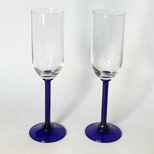 Pair of Crystal Glass Champagne Flutes with Cobalt Blue Stem, Two Slender Stemmed Bubbly Glasses