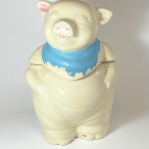 Vintage Ceramic Shawnee Pottery Smiley Pig Cookie Jar with Blue Scarf