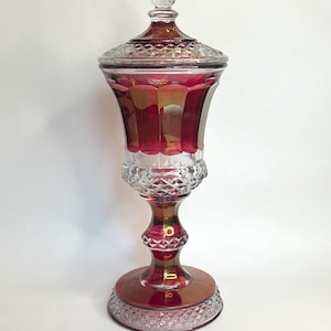 Vintage Westmoreland Waterford Ruby Flash Footed Urn with Lid, 12.5” tall Red & Clear Glass Compote