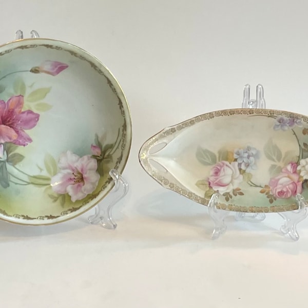Vintage RS Tillowitz Silesia Porcelain Handpainted Floral Plate and Relish Dish Set, Germany