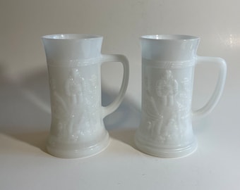 Vintage Federal Glass Company Milk Glass Stein Set, Pair of 2 White Tavern Scene Beer Mugs, 1950s