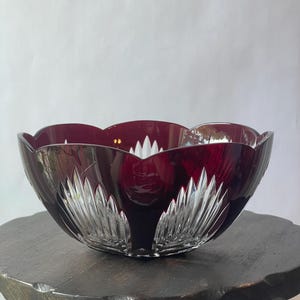 Vintage Red Bohemian Cut to Clear Glass Bowl 7” diameter, Round Ruby Crystal Scalloped Edge Collectible Czech Glass Centerpiece