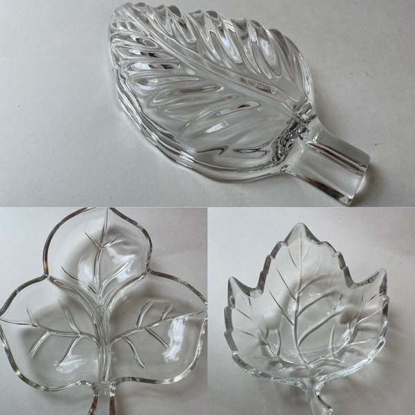 Set of 3 Vintage Clear Glass Leaf Bowls, Fall Leaves Dishes, Nut and Candy Dish