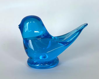 Vintage 1998 Leo Ward Bluebird of Happiness Art Glass Figurine, Blue Glass Bird Statue