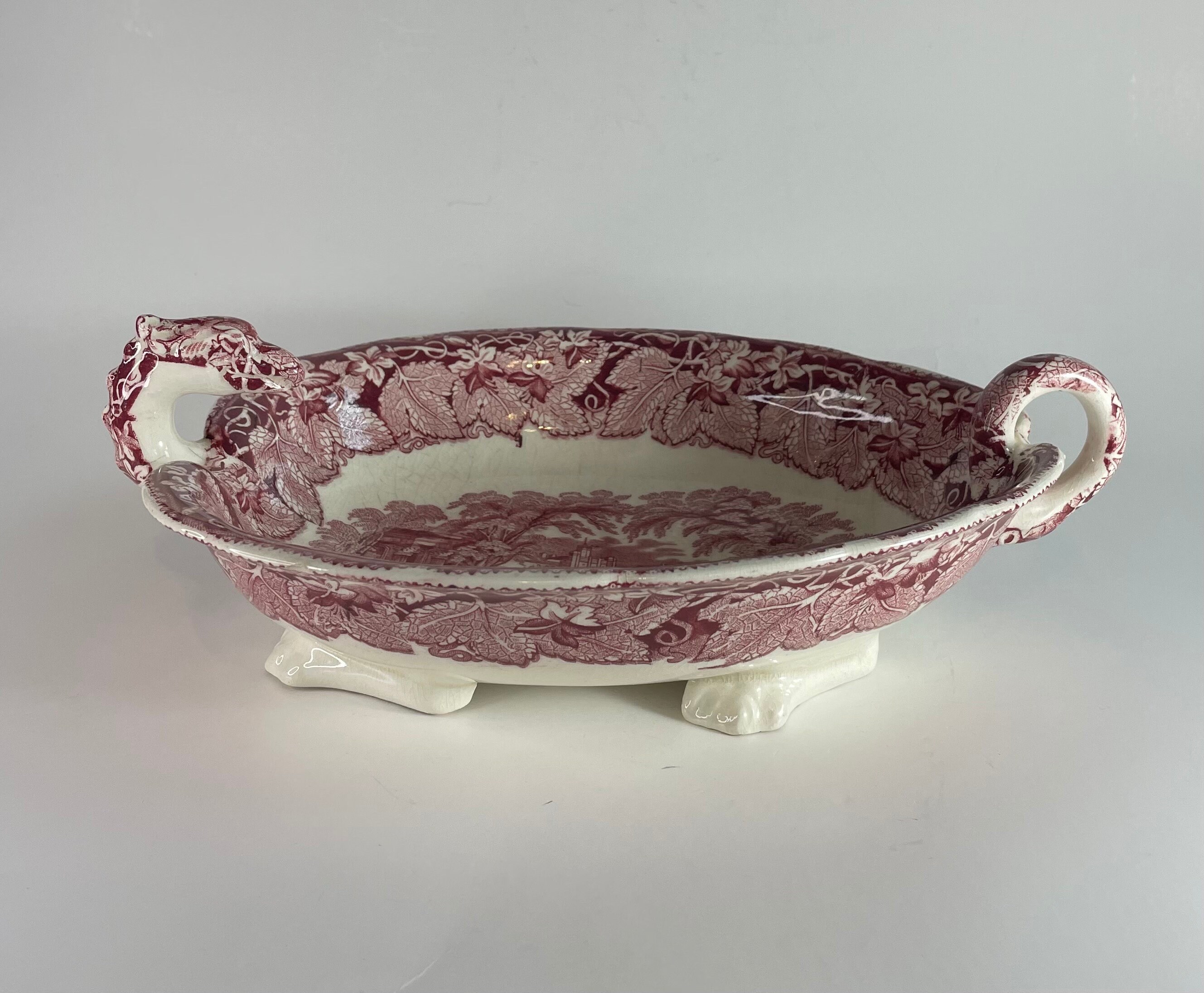 Pink iron stone dragon dish Mason's vista 1950s small chip Pink iron stone dragon dish Mason's vista 1950s small chip