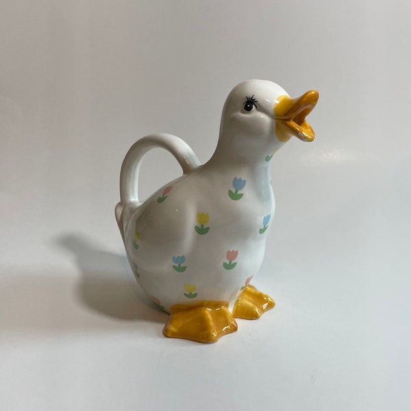 Vintage Enesco Floral Ceramic Duck Pitcher with Tulips, Spring Bird Planter with Handle