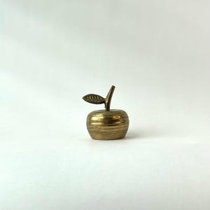May include: A small, brass apple sculpture with a stem and leaf. The apple is round with horizontal ridges, and the stem and leaf are attached at the top. The sculpture is a decorative item, likely for a desk or shelf.