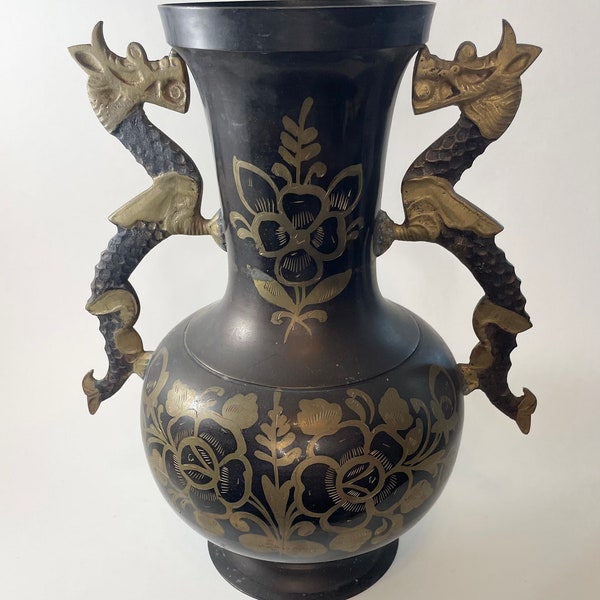 Rare Unique Large Double Handle Dragon Black Metal Vase Centerpiece, 12”