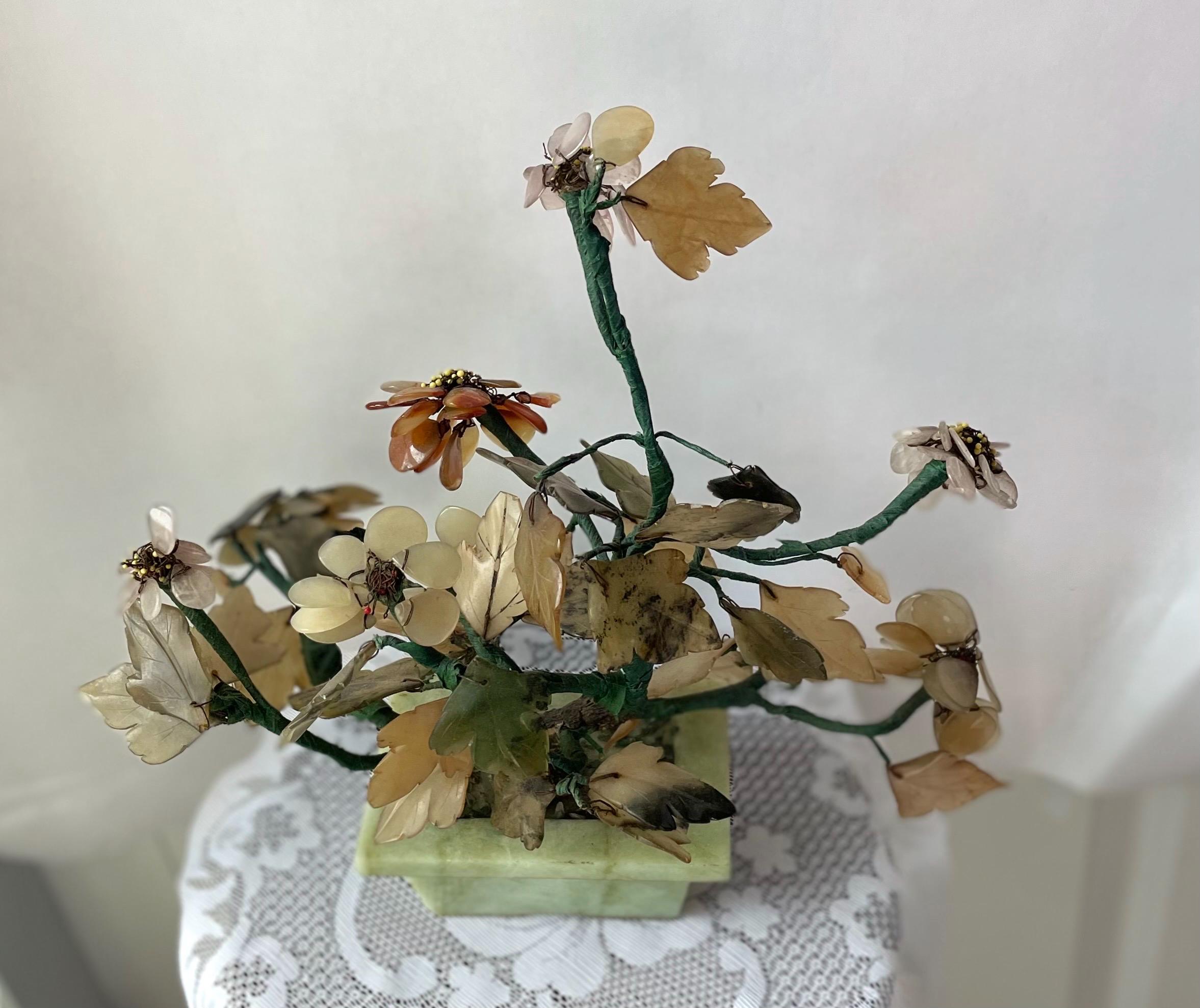 Vintage Chinese Carved Stone & Jade Bonsai Tree, MCM Plant Display
