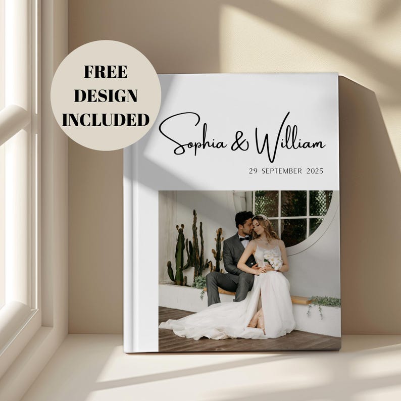 Aesthetic white photo Book for a wedding with names in script font on the cover and free design included.