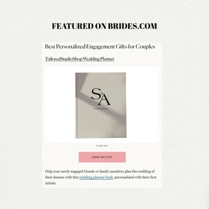 May include: A wedding planner book with the initials "S" and "A" in a minimalist design. The book is featured on Brides.com and has a "View on Etsy" button.