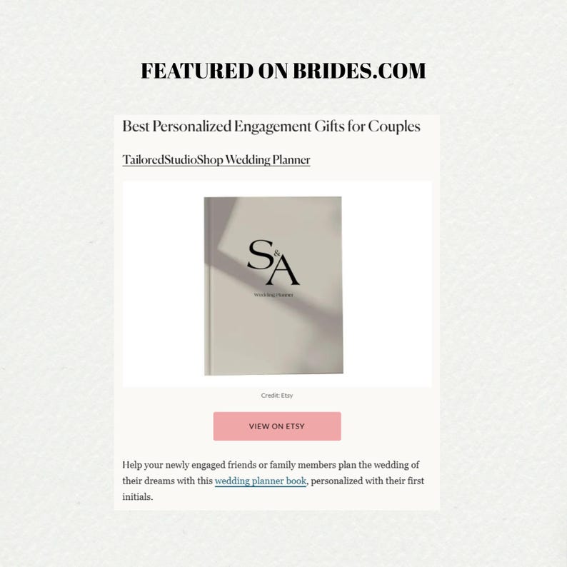 May include: A wedding planner book with the initials "S" and "A" in a minimalist design. The book is featured on Brides.com and has a "View on Etsy" button.