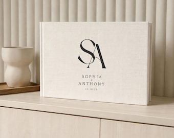 Old Money Wedding Guest Book | Luxury Linen Cover | Engagement Photos Inside | Timeless Keepsake