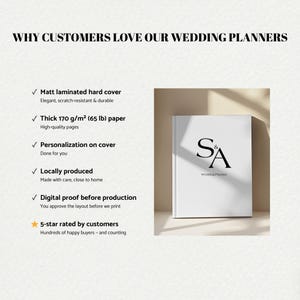 May include: A white wedding planner with the initials "S&A" in black on the cover. The planner has a matt laminated hard cover and thick 170 g/m&sup2; (65 lb) paper. Text on the image reads "Why customers love our wedding planners."