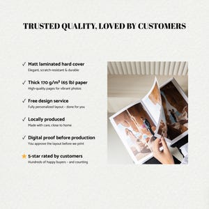 May include: A photo album with wedding photos is open, showing the pages. Text reads "TRUSTED QUALITY, LOVED BY CUSTOMERS." Features include a matt laminated hard cover and 170 g/m&sup2; paper. Free design service is offered.