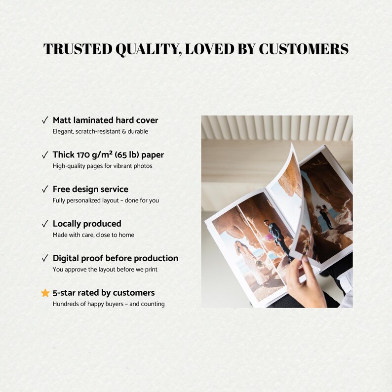 May include: A photo album with wedding photos is open, showing the pages. Text reads "TRUSTED QUALITY, LOVED BY CUSTOMERS." Features include a matt laminated hard cover and 170 g/m&sup2; paper. Free design service is offered.