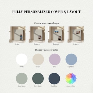 May include: An image displaying options for a fully personalised cover and layout. It shows four cover designs and a selection of colours: white, beige, lilac, light blue, sage green, dark green, dark blue, and a custom colour option. Text reads "FULLY PERSONALIZED COVER & LAYOUT."