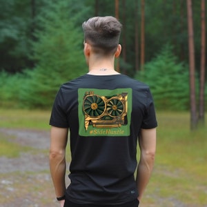 May include: Black t-shirt featuring a green and gold graphic of a computer graphics card. The graphic includes the text "#SideHustle".