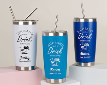 Personalized Beach Tumbler for Girl's Trip, Vacation 20 OZ Tumblers, Girls Weekend Gift, Laser Engraved Cups, Stainless Steel Mug