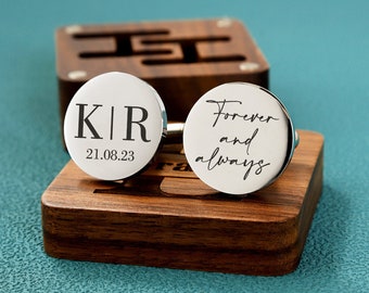 Metal Cufflinks - Engraved Box Optional, Custom Wedding Day Cuff links for Groom, Wood Anniversary Gift, Father's Day Gift for Husband