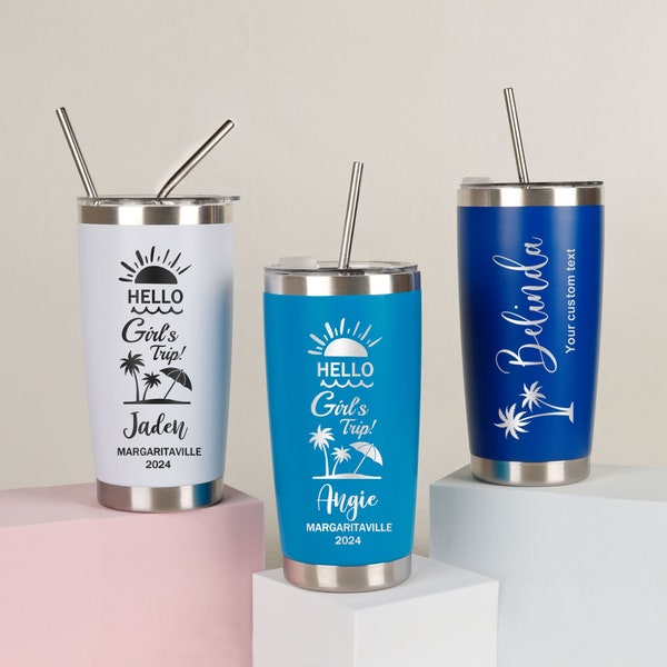 Personalized 20oz Holiday Tumbler, Custom Travel Mug, Beach Tumbler, Stainless Steel cups, Girls Weekend Gift, Laser Engraved Tumblers