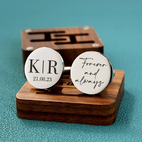 Metal Cufflinks - Engraved Box Optional, Custom Wedding Day Cuff links for Groom, Wood Anniversary Gift, Father's Day Gift for Husband