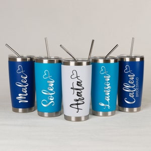 Personalized 20oz Engraved Tumbler, Custom Name Travel Mug, Stainless Steel Cups, Insulated Bridesmaid Tumbler, Tumbler with Straw