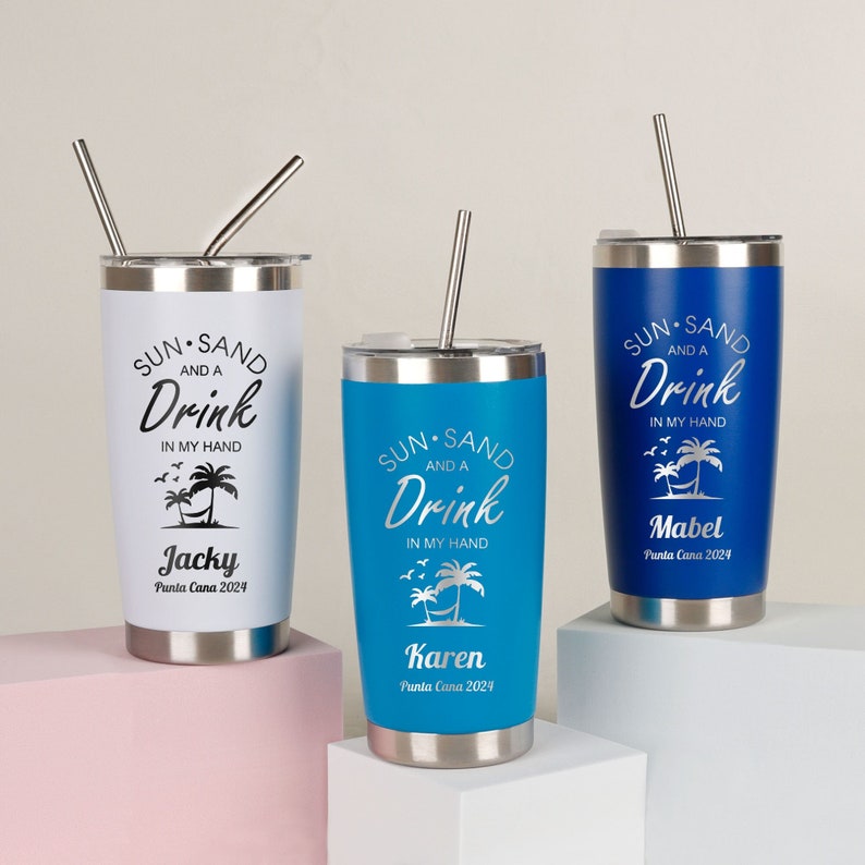 Personalized Beach Tumbler for Girl's Trip, Vacation 20 OZ Tumblers, Girls Weekend Gift, Laser Engraved Cups, Stainless Steel Mug image 1