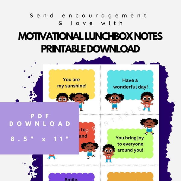 Lunchbox Notes for Kids | 12 Lunchbox Cards Printable w/ Black Kids | Lunch Notes | Positive Affirmation Note Cards | Motivational Messages