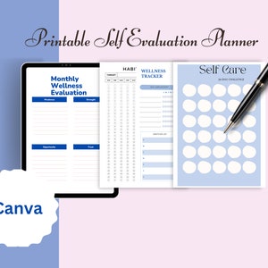 Puede incluir: Planificador de autoevaluación imprimible con tres secciones: una evaluación mensual del bienestar, un rastreador de hábitos y un desafío de 30 días para el cuidado personal. El planificador está diseñado para ayudarte a realizar un seguimiento de tu progreso y hacer cambios positivos en tu vida.