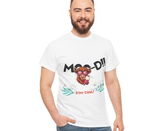 Camiseta Highland Cow MOO-D Stay Cool - Vaca divertida con gafas de sol y helado - Camiseta con mensaje para mujer, regalo