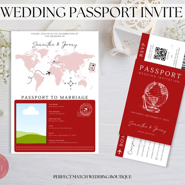 Red Wedding Passport Invitation Template Set Canva Digital Download Boarding Pass RSVP Details Card Bundle Custom Destination Wedding Invite