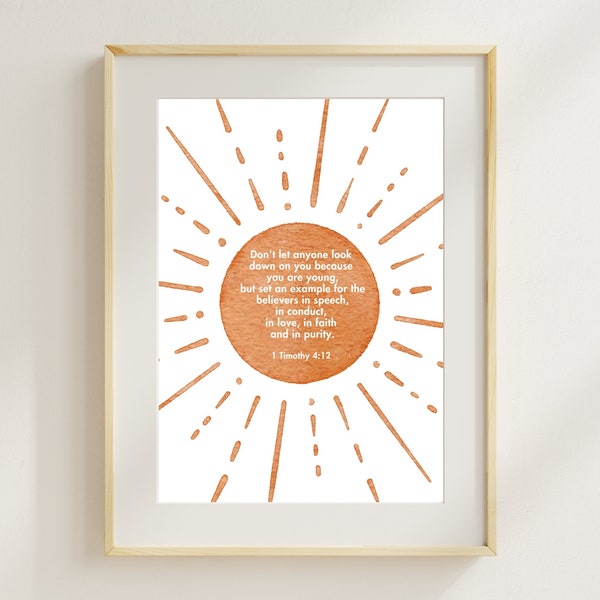 Nursery Art Neutral Christian Kids Wall Decor Sunshine Print for Nursery Sunburst Poster Boho Bible Verse Digital Printable 1 Timothy 4:12