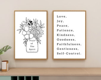 Set of 2 Fruit of the Spirit Wall Art Printable, Bible Verse Print, Christian Wall Art Scripture Galatians 5: 22-23 Digital Download