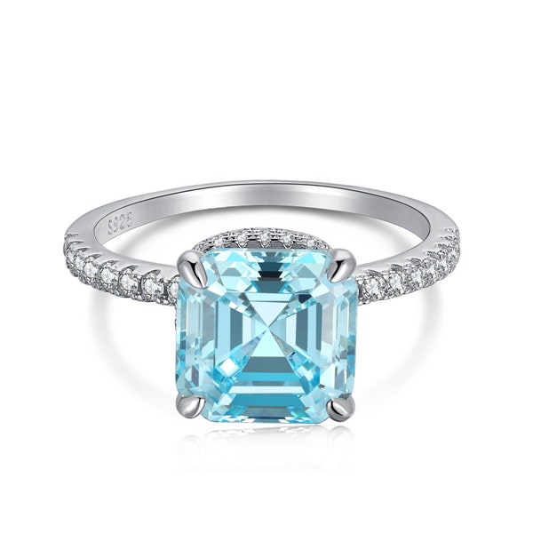 4 Carat Aquamarine Blue Asscher Cut Lab Created Diamond 925 Sterling Silver 18K Gold Plated Pave Engagement Wedding Ring Statement Ring