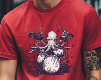 Ocean Beats Musician T-Shirt - Featuring Artistic Octopus Playing Drums Design - A Must-Have for Sea Life Enthusiasts & Drummers
