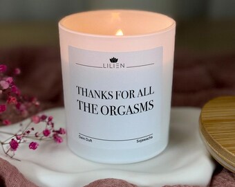Duftkerze „Thanks for all the ORGASMS“ lustiger Spruch Geschenk für Paare Valentinstag Jahrestag Sojawachs Duftkerze Handmade Deko Idee