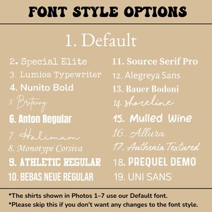 May include: A beige graphic with the text "FONT STYLE OPTIONS" at the top. Below, a numbered list of 19 font styles is displayed, including "Default", "Special Elite", and "Athletic Regular". Additional text at the bottom.