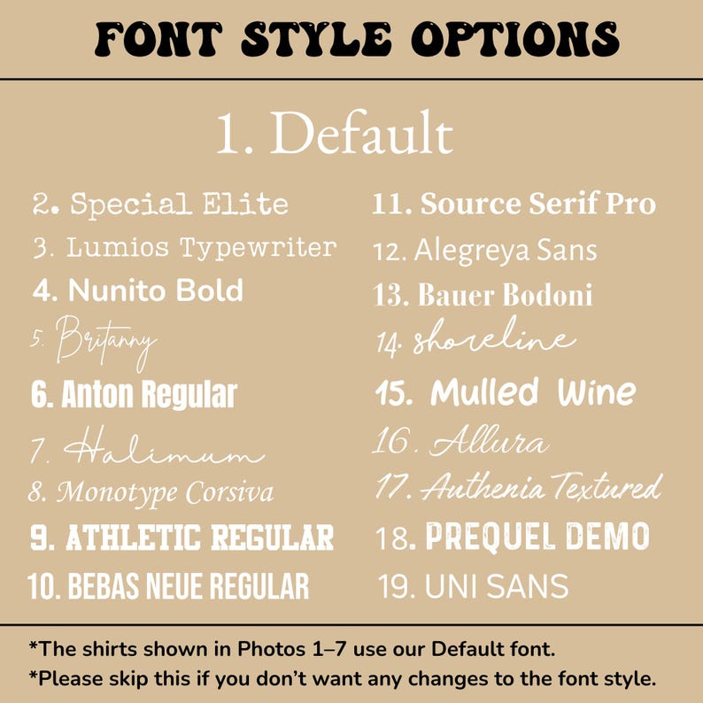 May include: A beige graphic with the text "FONT STYLE OPTIONS" at the top. Below, a numbered list of 19 font styles is displayed, including "Default", "Special Elite", and "Athletic Regular". Additional text at the bottom.