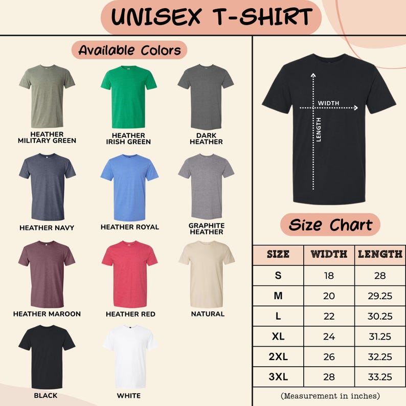 a collection of t-shirt designs in various colors, along with a size chart that provides the corresponding measurements for each design.