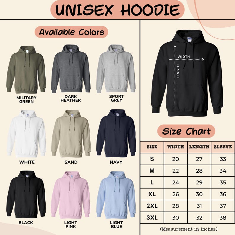 a collection of unisex hoodies in various colors and sizes, along with a size chart that provides the corresponding measurements for each size.