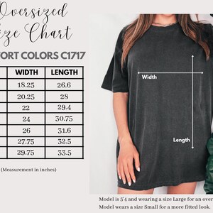 The image is an oversized size chart for a black t-shirt, showing the measurements for different sizes. The chart includes a table with the sizes and corresponding widths, and a diagram of a person wearing the t-shirt.