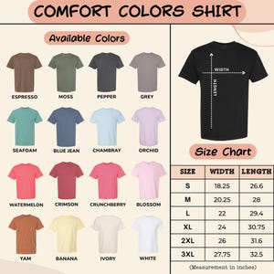 a collection of t-shirt designs in various colors, along with their corresponding size charts. The available colors are Espresso, Moss, Pepper, Grey, and others. The size chart provides measurements for different sizes, including S, M, L, XL, and 3XL, along with the corresponding width and length.