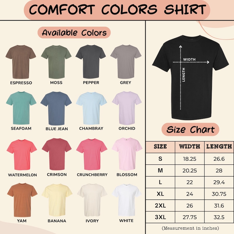 a collection of t-shirt designs in various colors, along with their corresponding size charts. The available colors are Espresso, Moss, Pepper, Grey, and others. The size chart provides measurements for different sizes, including S, M, L, XL, and 3XL, along with the corresponding width and length.