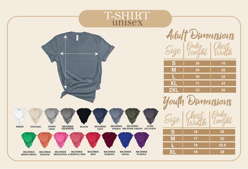 a women's tshirt with measurements and colors