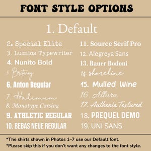 May include: A tan chart displaying nineteen numbered font style options in white text. The list includes Default, Special Elite, Lumios Typewriter, Nunito Bold, Britanny, Anton Regular, Halimum, Monotype Corsiva, Athletic Regular, Bebas Neue Regular, Source Serif Pro, Alegreya Sans, Bauer Bodoni, shoreline, Mulled Wine, Allura, Authenia Textured, Prequel Demo, and Uni Sans.