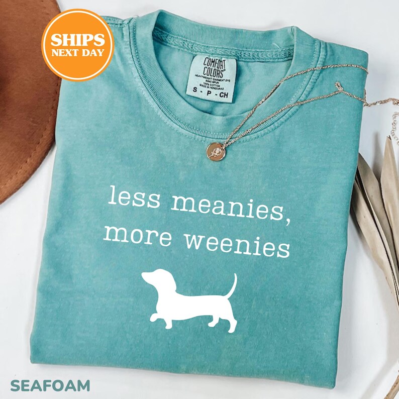 A turquoise t-shirt with the text "less meanies, more weenies" printed on it, along with a small white dog silhouette. The t-shirt is displayed on a white surface, and there is a brown hat and some beige fabric visible in the background.
